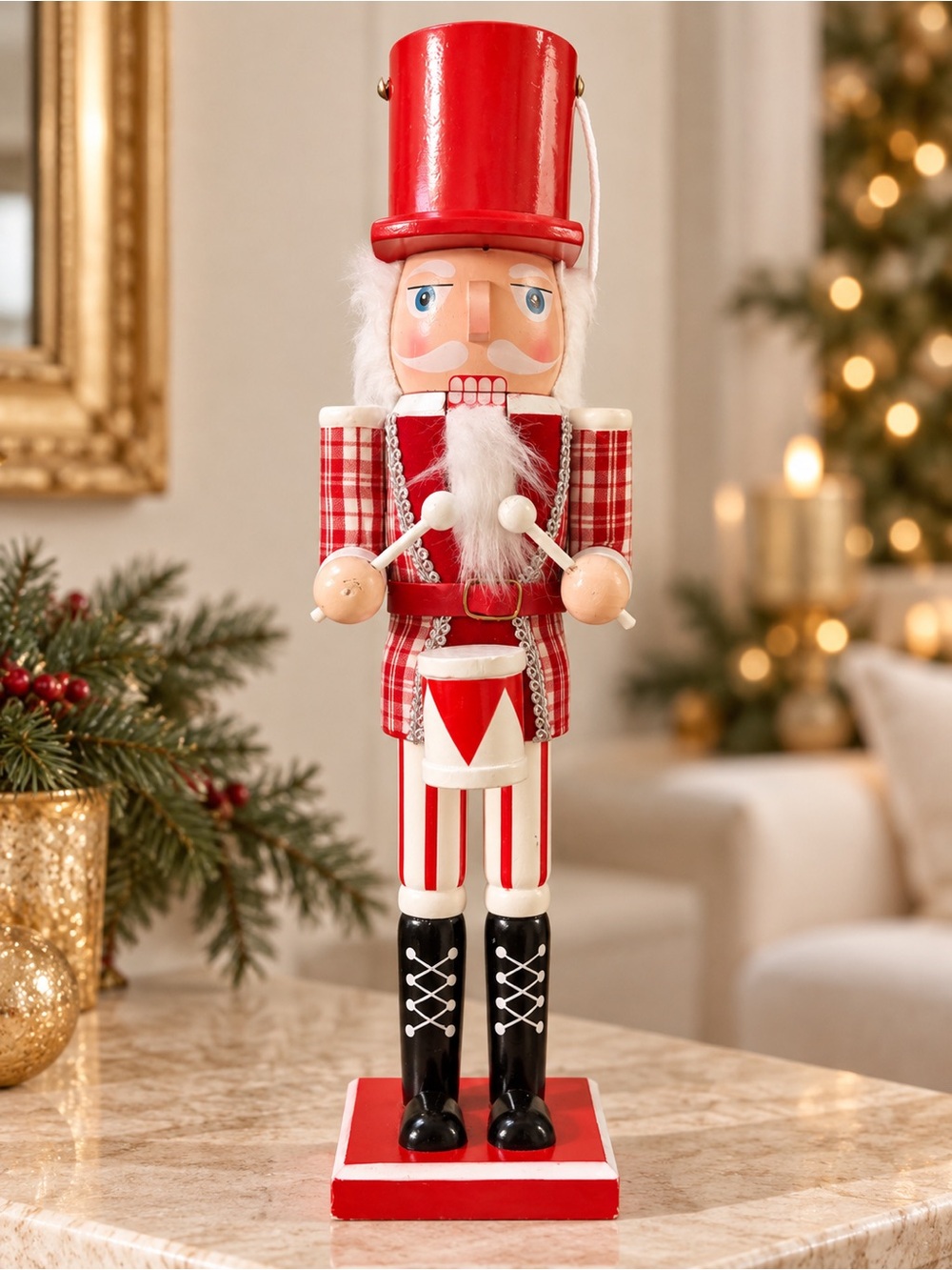 15” Red Plaid Drummer Nutcracker Christmas Decor — Moving Mouth
